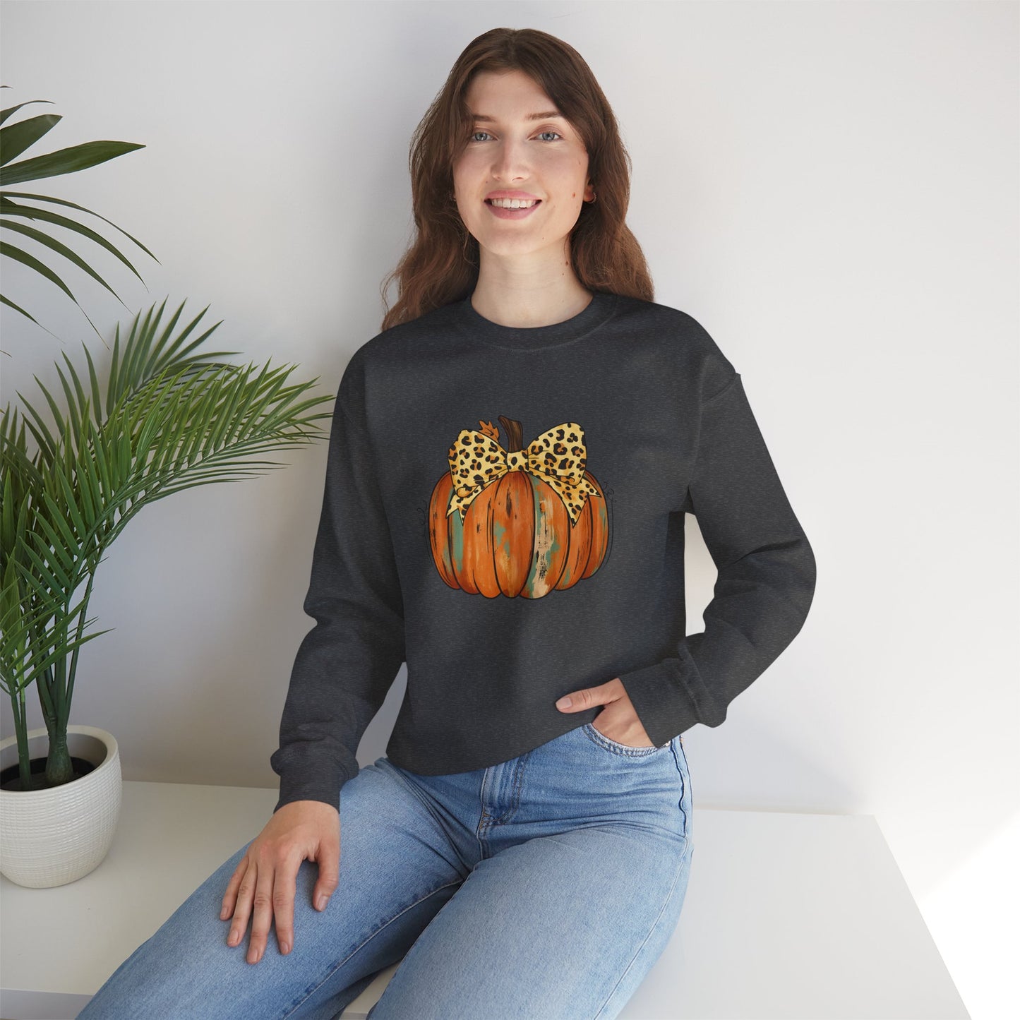 Leopard Bow Pumpkin Sweatshirt, Cozy Fall Crewneck, Halloween Gift, Autumn Fashion, Unisex Casual Wear