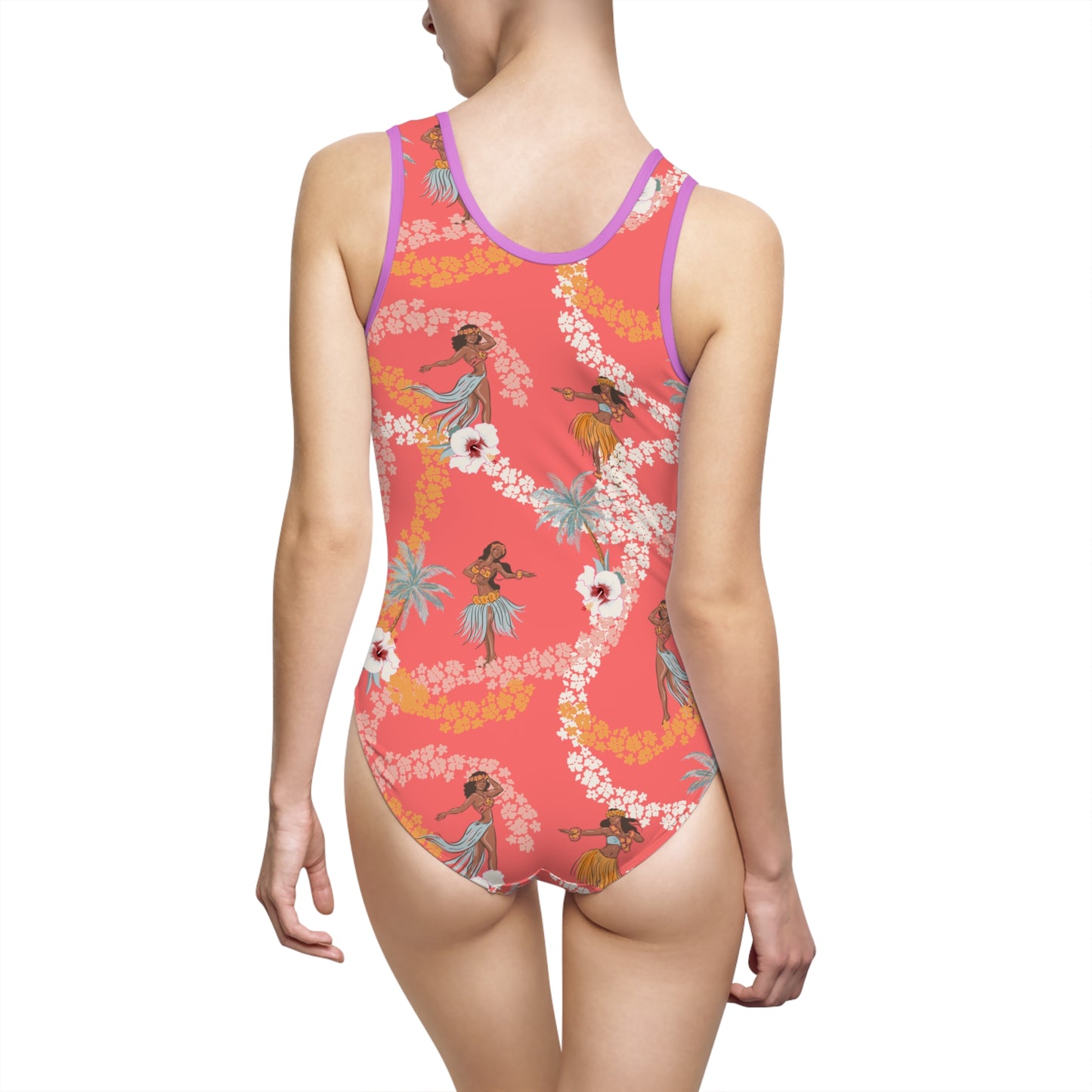 Tropical Hula Girl One-Piece Swimsuit – Coral with Palm & Floral Lei Print