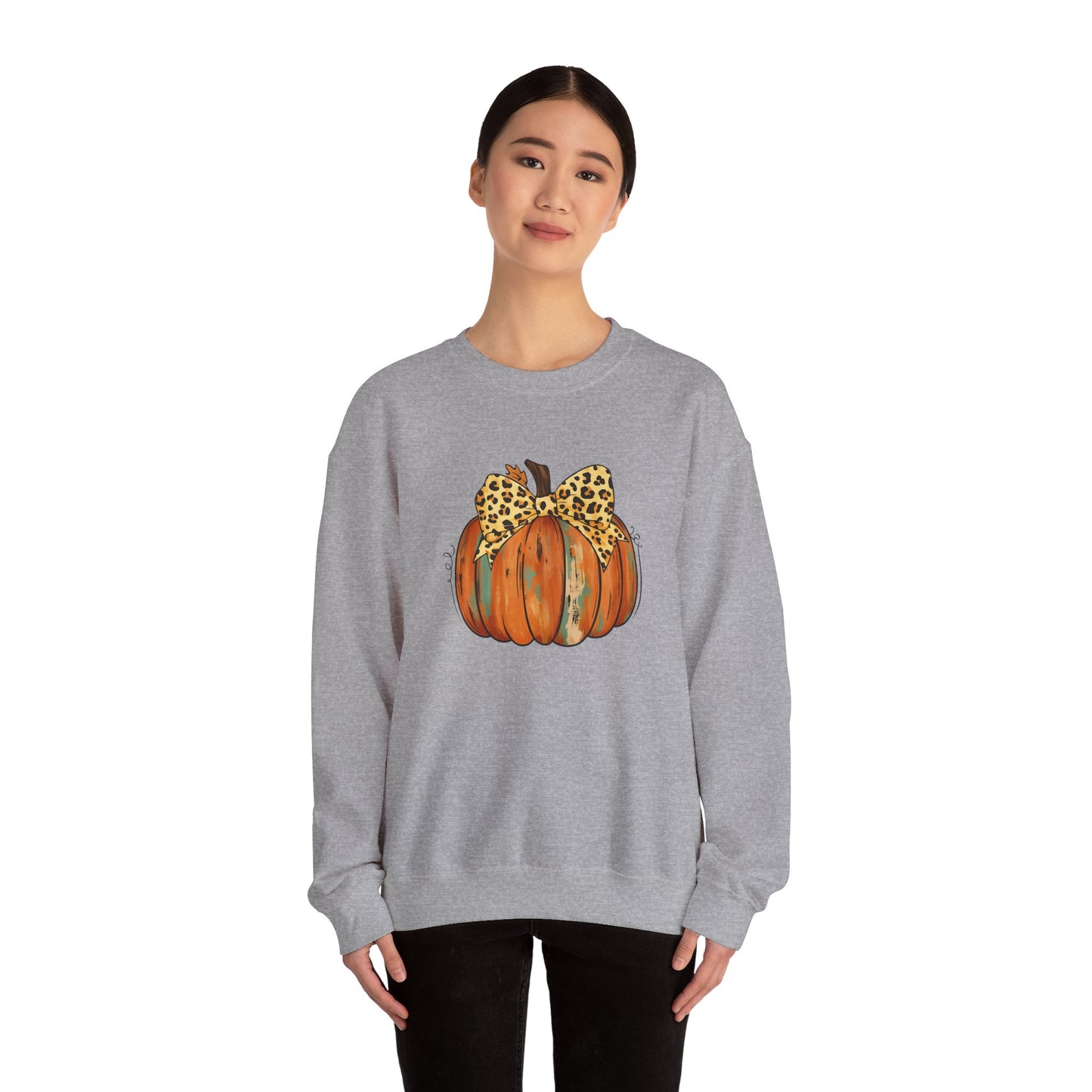 Leopard Bow Pumpkin Sweatshirt, Cozy Fall Crewneck, Halloween Gift, Autumn Fashion, Unisex Casual Wear