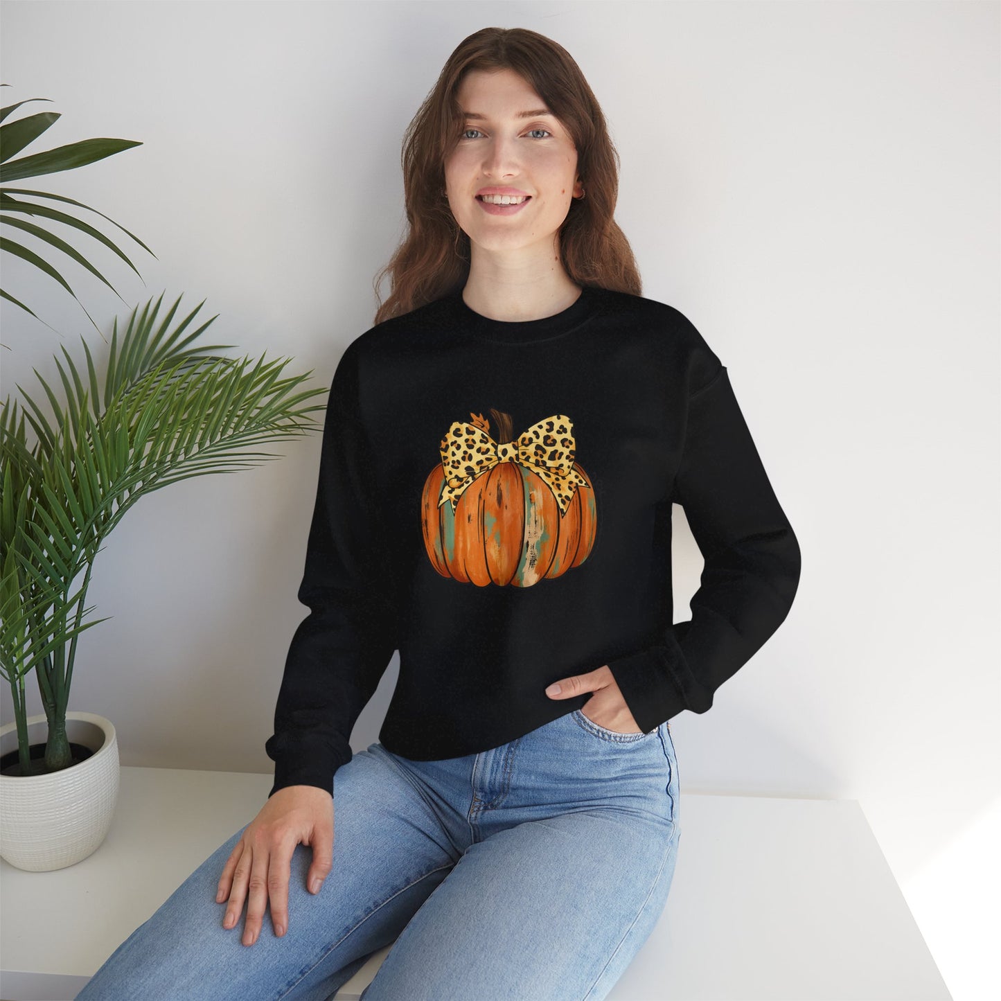 Leopard Bow Pumpkin Sweatshirt, Cozy Fall Crewneck, Halloween Gift, Autumn Fashion, Unisex Casual Wear