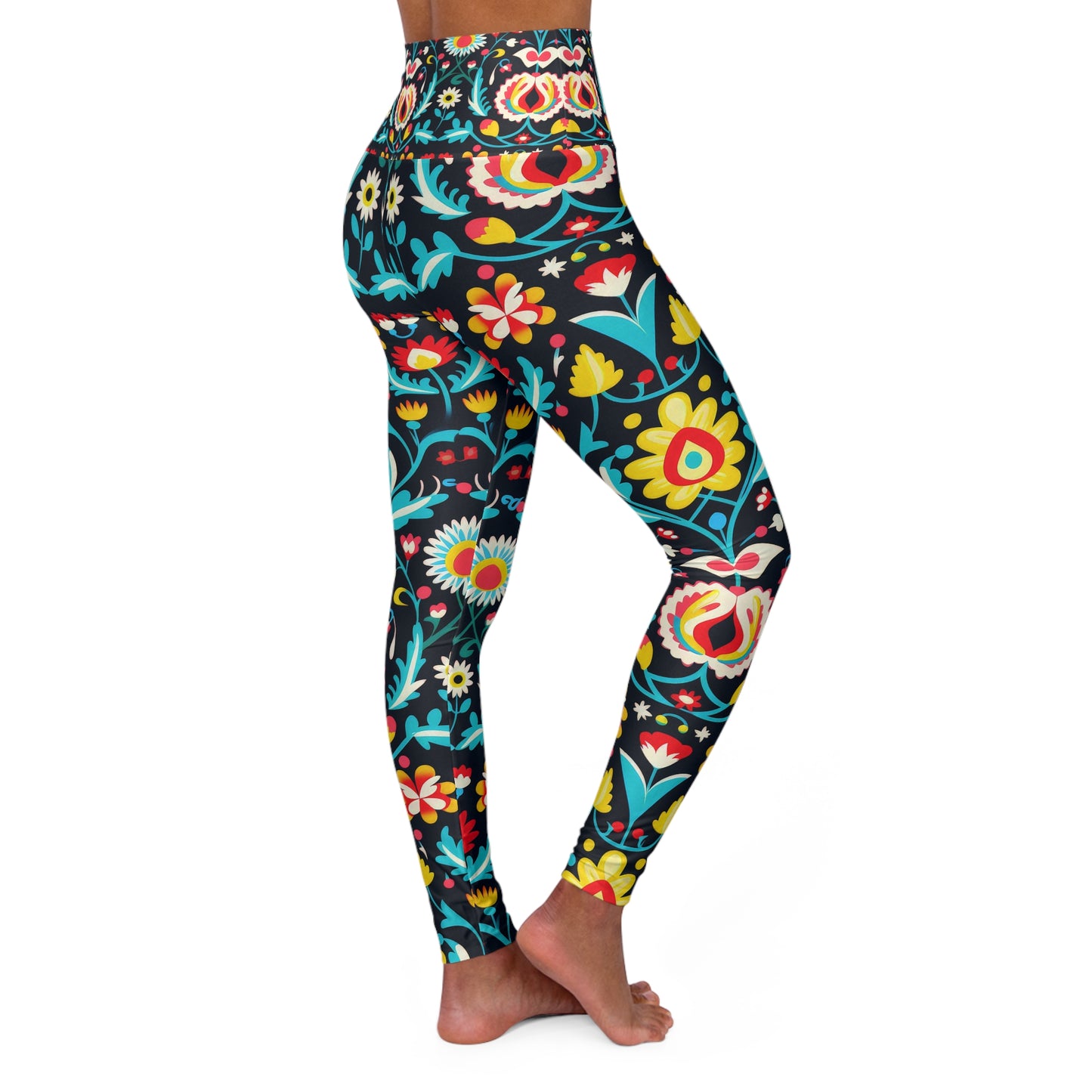 Floral High Waisted Yoga Leggings, Workout Leggings, Bright Floral, Folk Art Floral Leggings