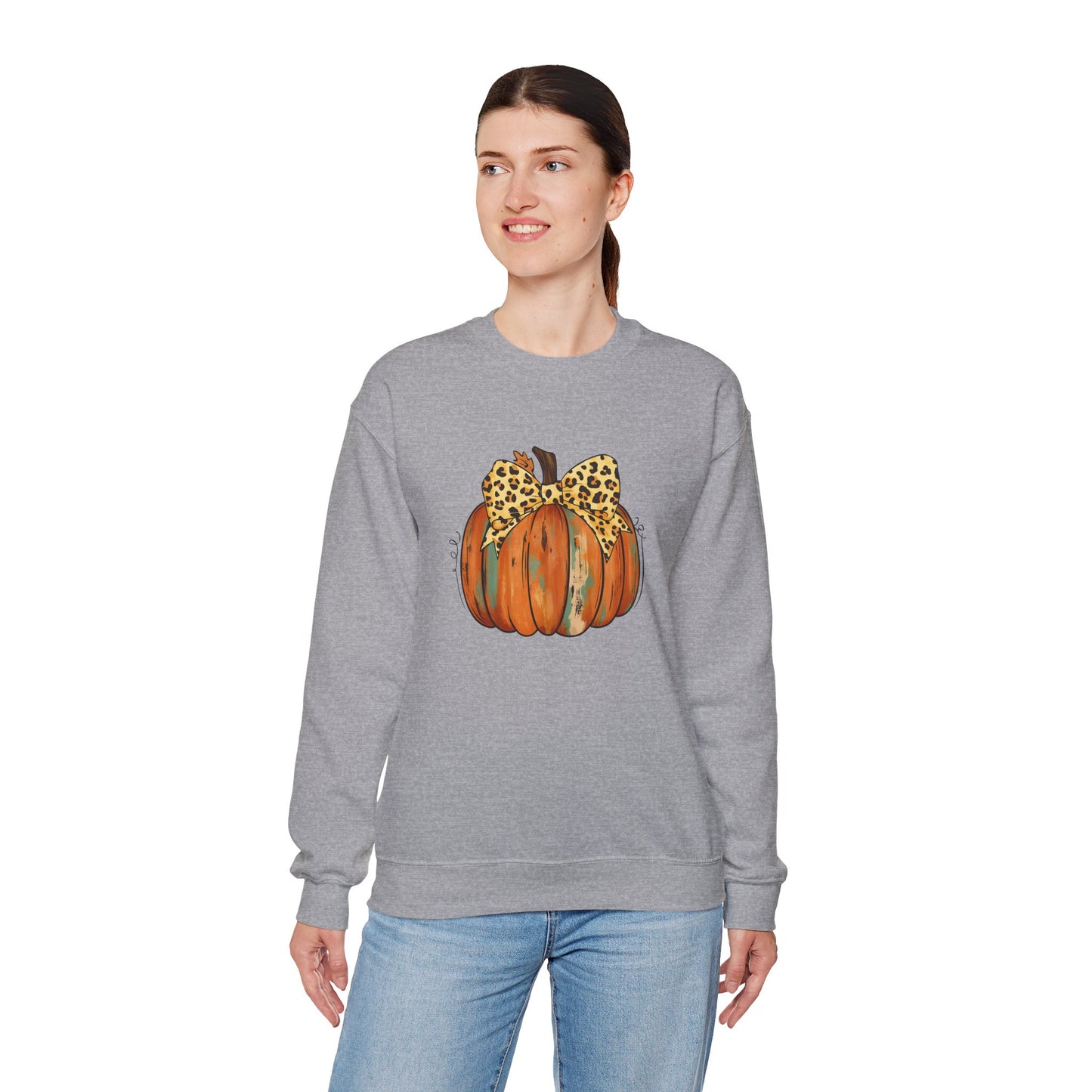 Leopard Bow Pumpkin Sweatshirt, Cozy Fall Crewneck, Halloween Gift, Autumn Fashion, Unisex Casual Wear