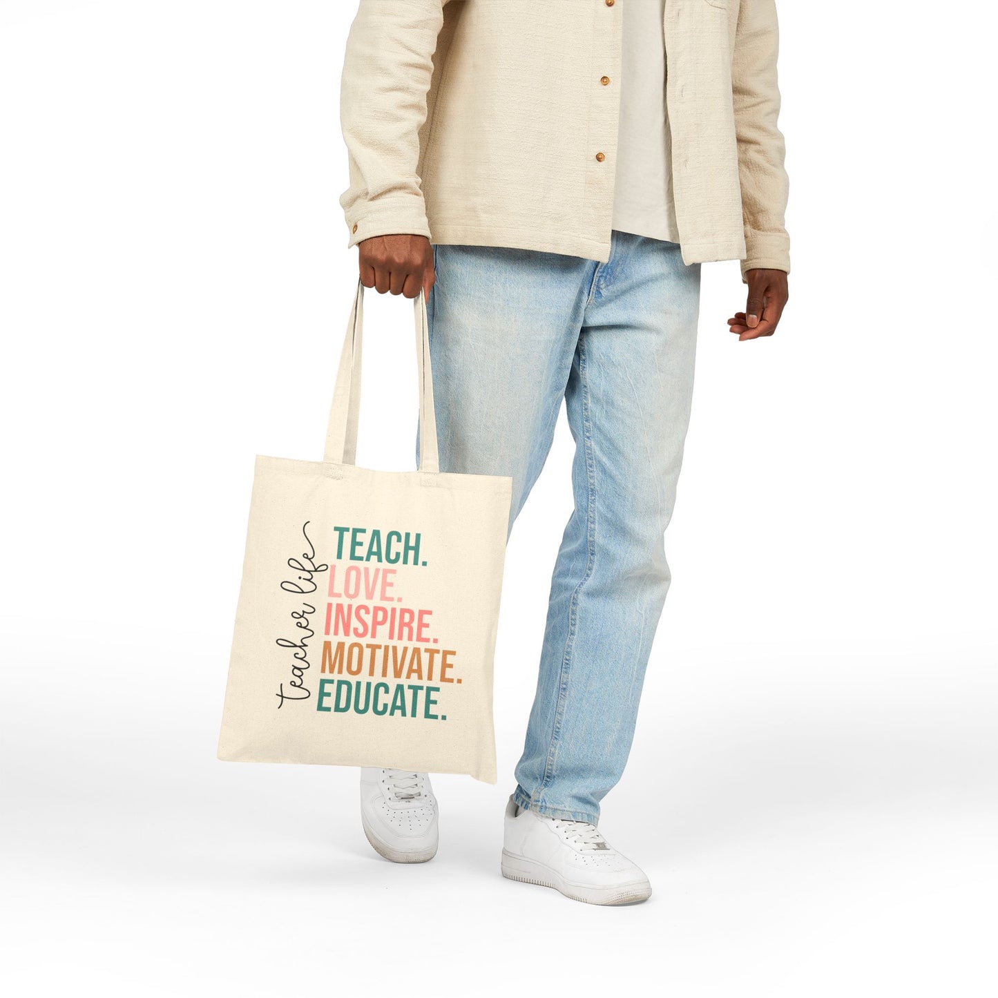 Teacher Life Cotton Canvas Tote Bag | Inspirational Gift for Educators | Eco-Friendly, Reusable, School Supply, Classroom Accessory