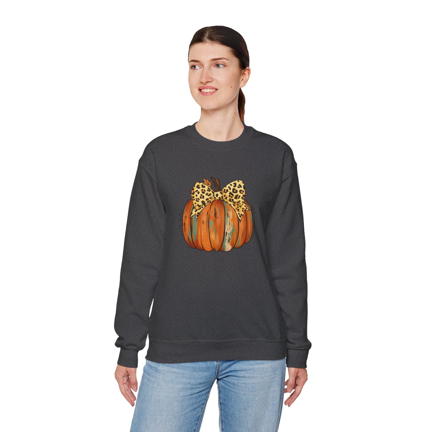 Leopard Bow Pumpkin Sweatshirt, Cozy Fall Crewneck, Halloween Gift, Autumn Fashion, Unisex Casual Wear