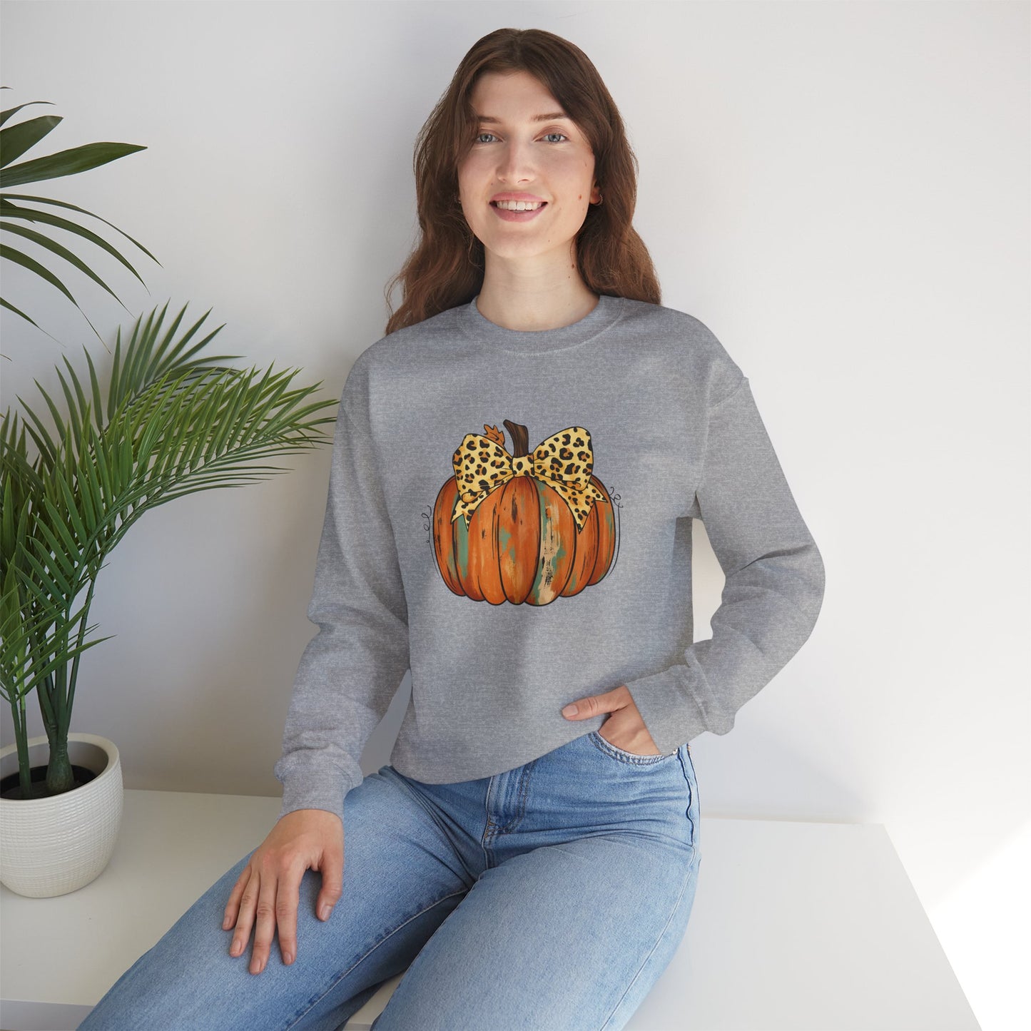 Leopard Bow Pumpkin Sweatshirt, Cozy Fall Crewneck, Halloween Gift, Autumn Fashion, Unisex Casual Wear