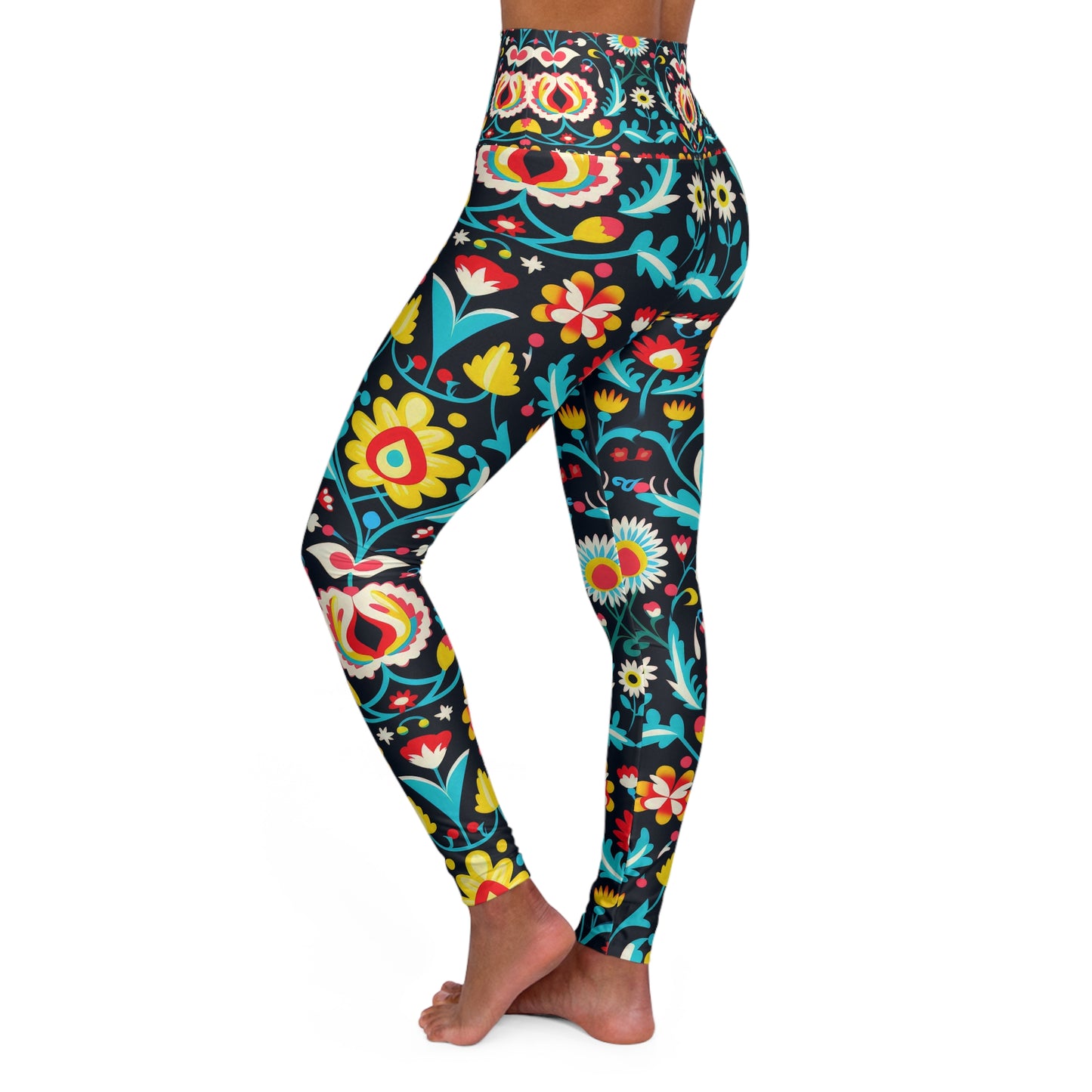 Floral High Waisted Yoga Leggings, Workout Leggings, Bright Floral, Folk Art Floral Leggings