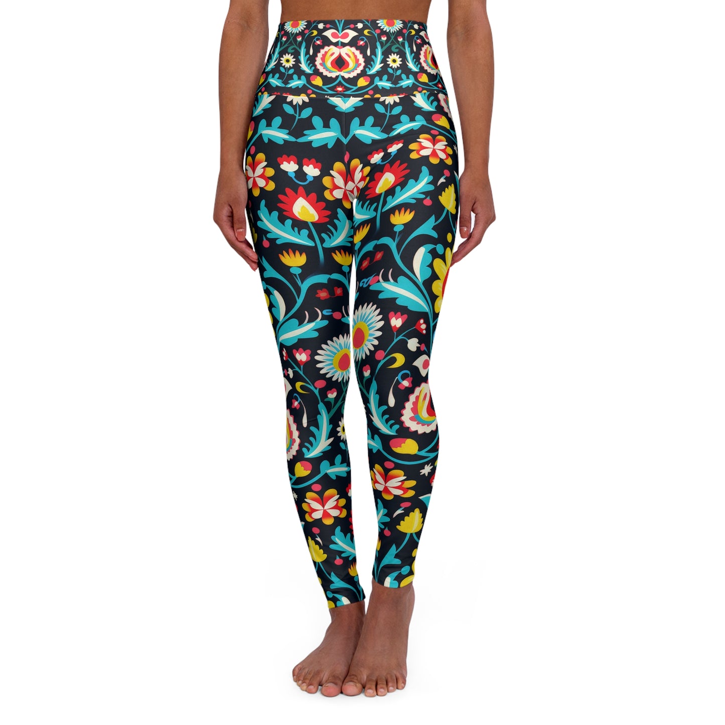 Floral High Waisted Yoga Leggings, Workout Leggings, Bright Floral, Folk Art Floral Leggings