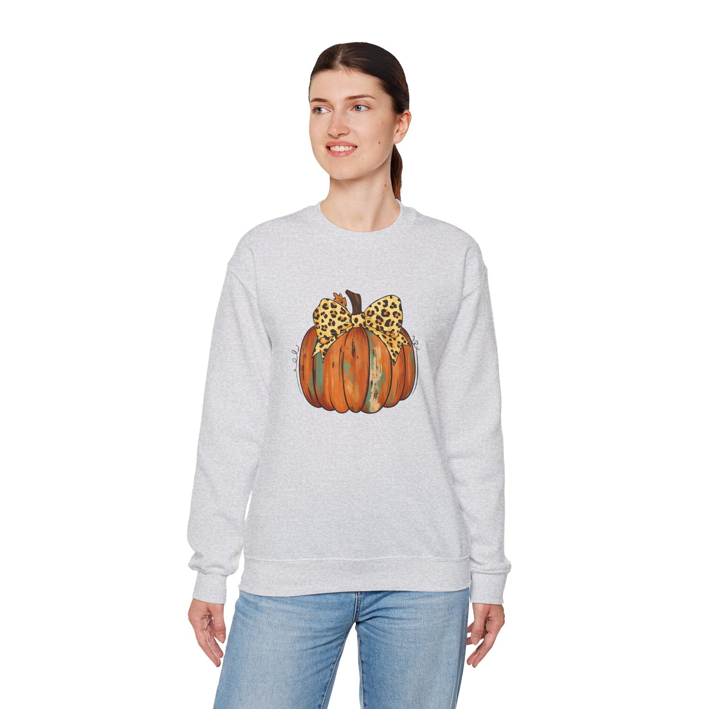 Leopard Bow Pumpkin Sweatshirt, Cozy Fall Crewneck, Halloween Gift, Autumn Fashion, Unisex Casual Wear