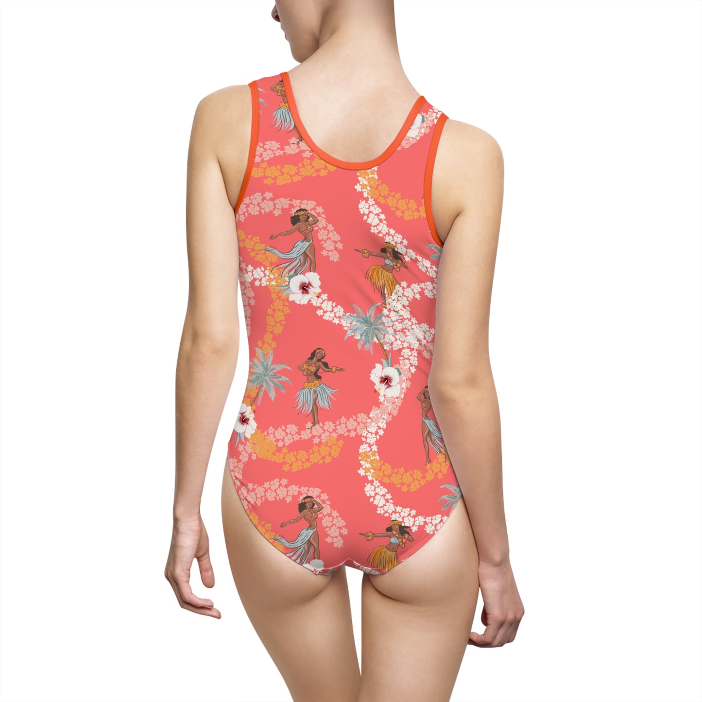 Tropical Hula Girl One-Piece Swimsuit – Coral with Palm & Floral Lei Print