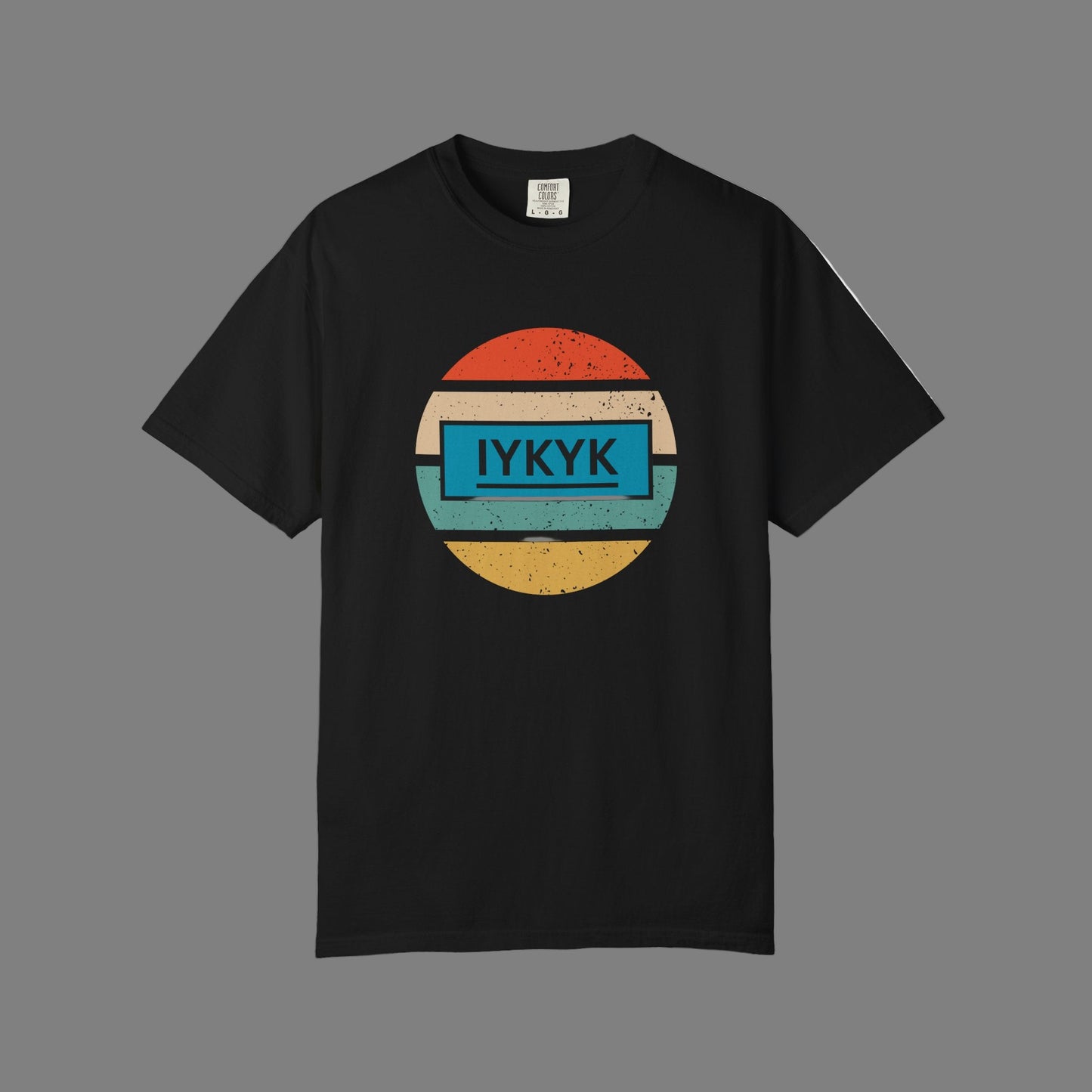 Retro Circular Rainbow with IYKYK on a blue background