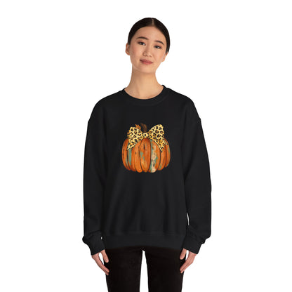 Leopard Bow Pumpkin Sweatshirt, Cozy Fall Crewneck, Halloween Gift, Autumn Fashion, Unisex Casual Wear