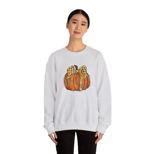 Leopard Bow Pumpkin Sweatshirt, Cozy Fall Crewneck, Halloween Gift, Autumn Fashion, Unisex Casual Wear