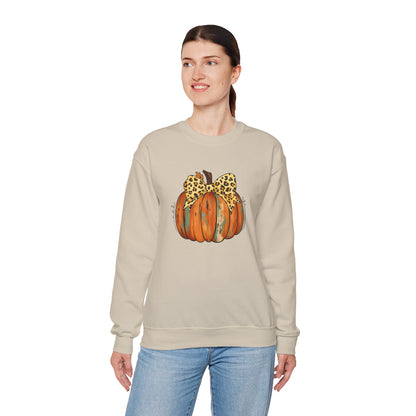 Leopard Bow Pumpkin Sweatshirt, Cozy Fall Crewneck, Halloween Gift, Autumn Fashion, Unisex Casual Wear