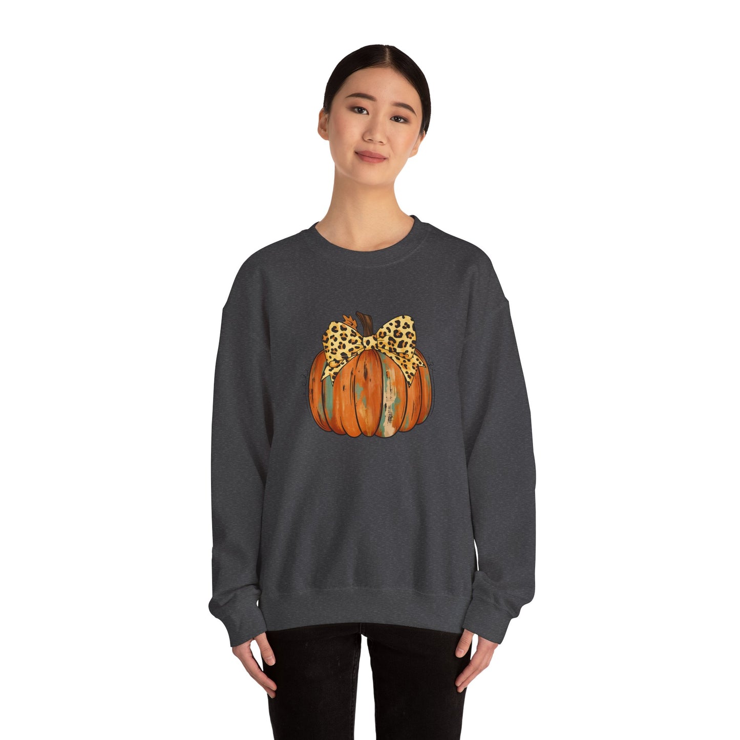 Leopard Bow Pumpkin Sweatshirt, Cozy Fall Crewneck, Halloween Gift, Autumn Fashion, Unisex Casual Wear