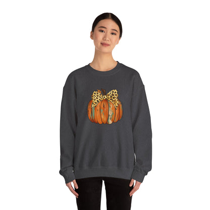 Leopard Bow Pumpkin Sweatshirt, Cozy Fall Crewneck, Halloween Gift, Autumn Fashion, Unisex Casual Wear