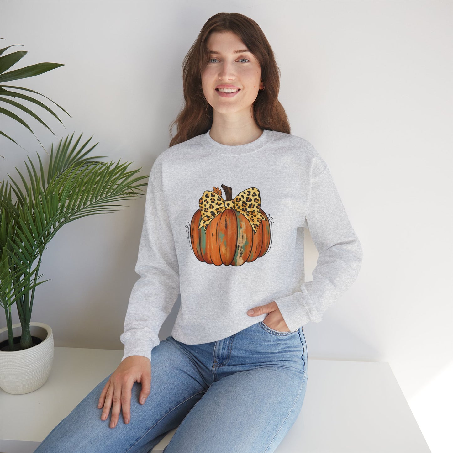 Leopard Bow Pumpkin Sweatshirt, Cozy Fall Crewneck, Halloween Gift, Autumn Fashion, Unisex Casual Wear