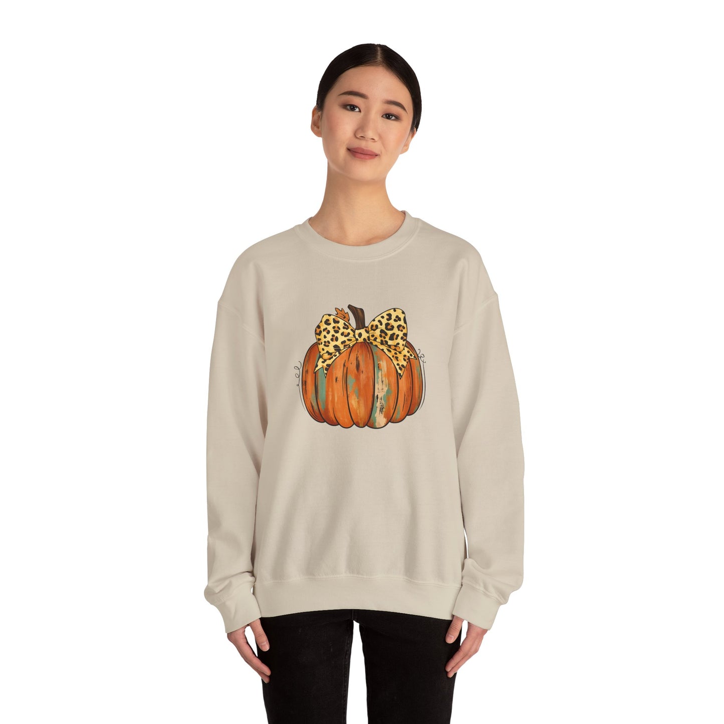 Leopard Bow Pumpkin Sweatshirt, Cozy Fall Crewneck, Halloween Gift, Autumn Fashion, Unisex Casual Wear