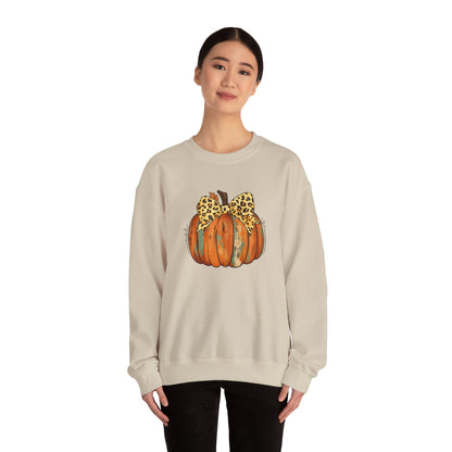 Leopard Bow Pumpkin Sweatshirt, Cozy Fall Crewneck, Halloween Gift, Autumn Fashion, Unisex Casual Wear