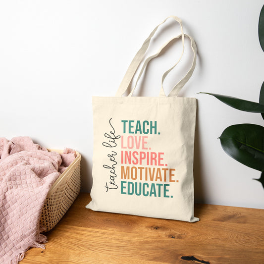 Teacher Life Cotton Canvas Tote Bag | Inspirational Gift for Educators | Eco-Friendly, Reusable, School Supply, Classroom Accessory