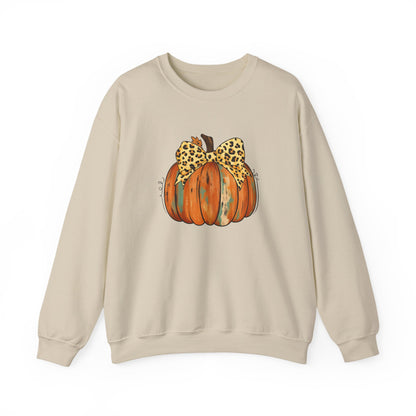 Leopard Bow Pumpkin Sweatshirt, Cozy Fall Crewneck, Halloween Gift, Autumn Fashion, Unisex Casual Wear
