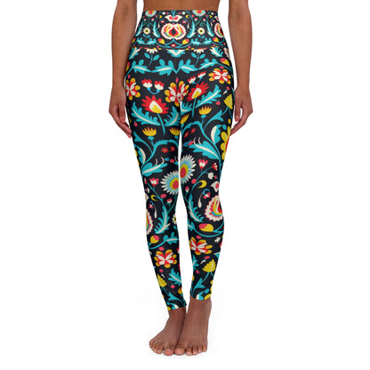 Floral High Waisted Yoga Leggings, Workout Leggings, Bright Floral, Folk Art Floral Leggings