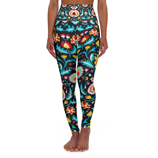 Floral High Waisted Yoga Leggings, Workout Leggings, Bright Floral, Folk Art Floral Leggings