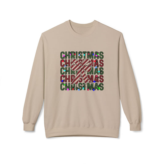 Christmas Candy Cane Midweight Crewneck, Unisex Holiday Sweatshirt Featuring Christmas Coquette Bow