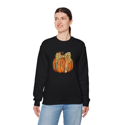 Leopard Bow Pumpkin Sweatshirt, Cozy Fall Crewneck, Halloween Gift, Autumn Fashion, Unisex Casual Wear