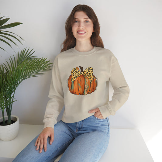 Leopard Bow Pumpkin Sweatshirt, Cozy Fall Crewneck, Halloween Gift, Autumn Fashion, Unisex Casual Wear