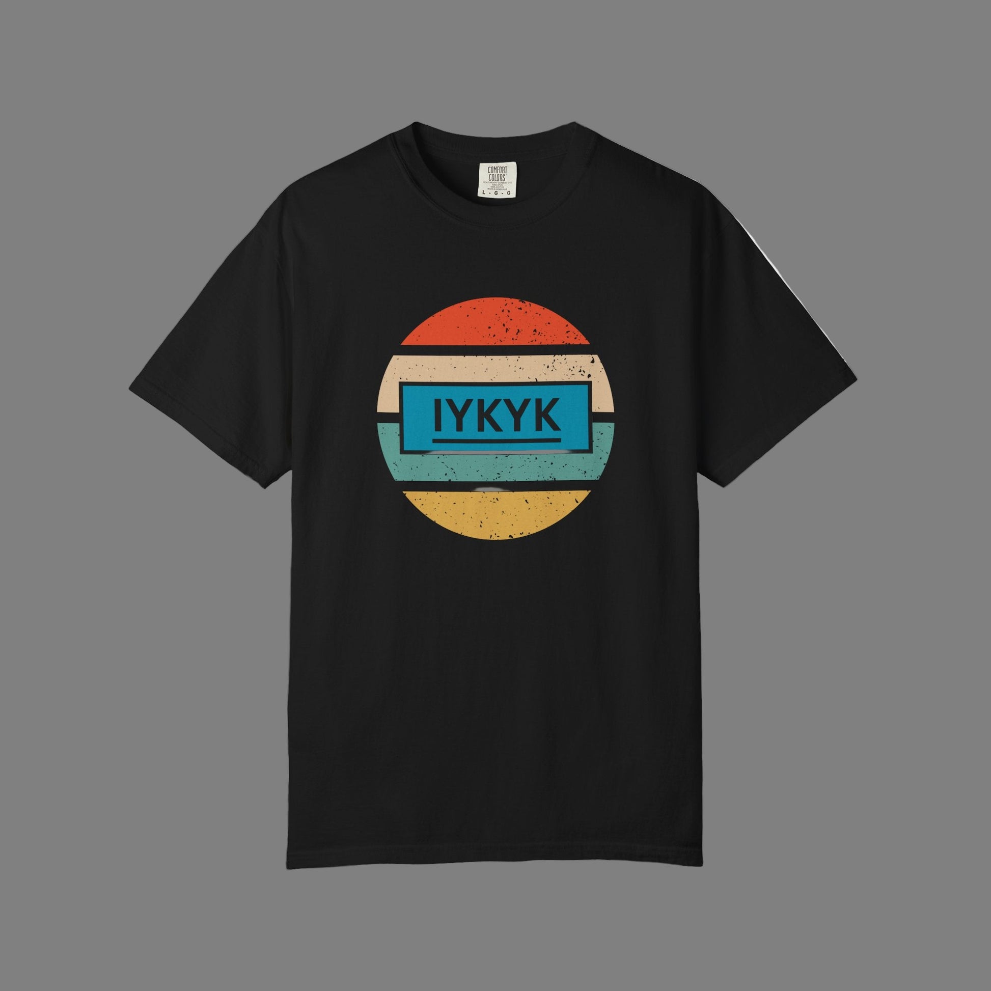 Retro Circular Rainbow with IYKYK on a blue background
