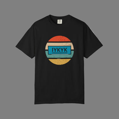 Retro Circular Rainbow with IYKYK on a blue background