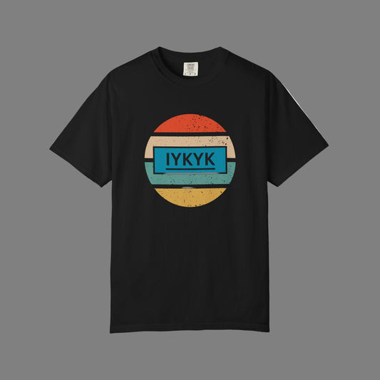 Retro Circular Rainbow with IYKYK on a blue background